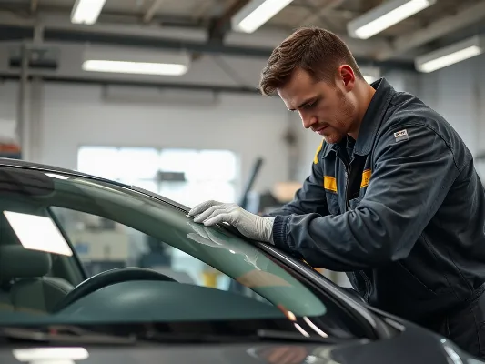Auto glass technician meticulously repairing a windshield