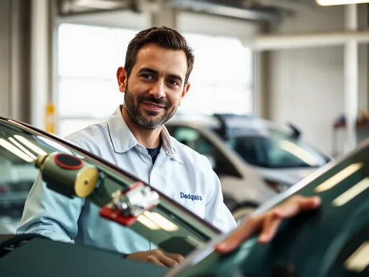 Experienced auto glass technician inspecting a windshield