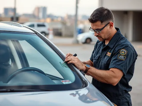 Auto glass technician repairing a windshield